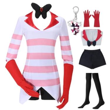 Imagem de Conjunto de Cosplay Angel Dust Listrado Rosa com Peruca e Chaveiro Hazbin Anime Hotel Angel Dust Fantasia de Halloween (Terno, X-Small)