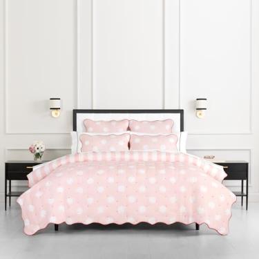 Imagem de kate spade new york Conjunto de cama casal/queen com listras e bolinhas, capa reversível 100% algodão, roupa de cama quente para todas as estações, lavável na máquina, rosa