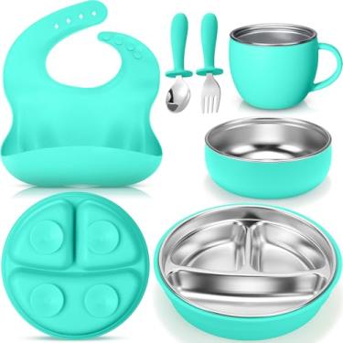 Imagem de Nuogo Conjunto de pratos e tigelas infantis de aço inoxidável 304 com sucção de aço inoxidável e copo infantil com silicone removível, garfos, colheres, babador de bolso para bebês (azul-petróleo