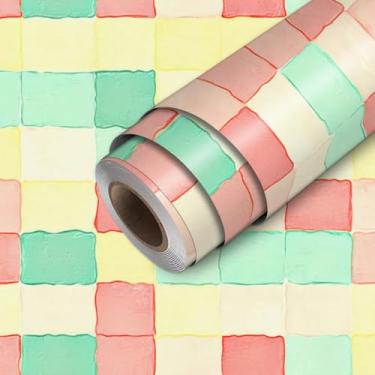 Imagem de HOMETITUTE Papel de parede rosa pastel amarelo pixel destacar e colar padrão quadrado geométrico papel de parede bastão de papel de parede 300 cm x 45 cm cobertura de parede de vinil autoadesivo para
