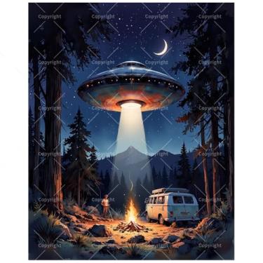 Imagem de Kit de pintura Alien Encounter por números para adultos - DIY UFO e van camper e pintura fogueira em tela 40,6 x 50,8 cm, conjunto de tinta acrílica, adequado para iniciantes, arte para decoração de