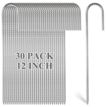 Imagem de MIVIDE Pacote com 30 estacas de vergalhão galvanizadas de 30,5 cm Gancho J, Âncoras de chão de gancho J resistente, estaca de jardim com suporte de aço curvo com ponta de cinzel para estacas de cerca