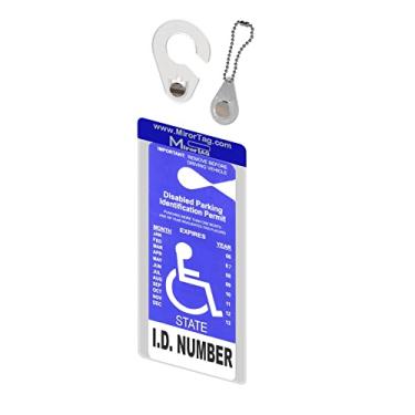 Imagem de Suporte Mirortag com opções de gancho e berloque - Suporte de cartaz para deficientes. Proteja, exiba e guarde facilmente sua etiqueta de handicap. Prenda e solte magneticamente seu cartaz com os
