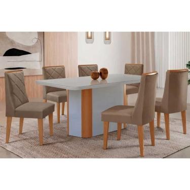 Imagem de Conjunto Sala de Jantar Pietá c/ Tampo Madeirado c/ Vidro Canto Curvo 180x90cm e 6 Cadeiras Pietá Madeira Maciça Naturale/Off White - Capuccino/Suede 