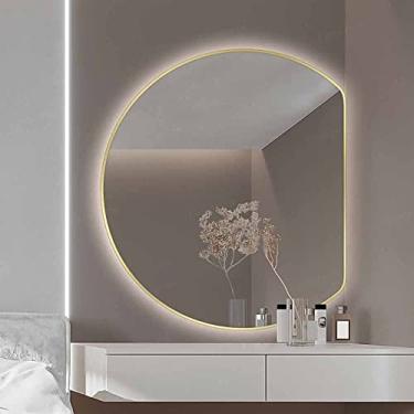Imagem de Espelho de parede para casa de banho, espelho de casa de banho regulável em 3 cores, espelho de toucador inteligente com botão de toque, espelho de parede dourado, espelho LED de meia-lua, espelho