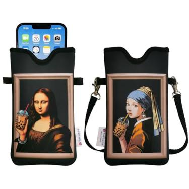 Imagem de Tainada Bolsa de neoprene masculina e feminina com alça transversal/cordão de pescoço para iPhone 16/15/14 Pro Max, 16/15/14 Plus, Samsung S25, A55, Google Pixel 9 (pinturas famosas engraçadas Boba)