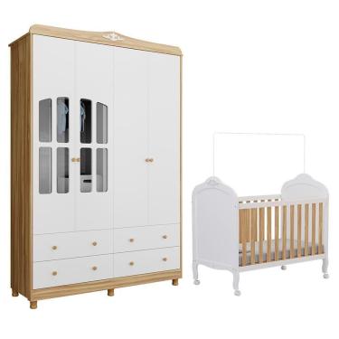Imagem de Jogo De Quarto Infantil Elô Com Janela Guarda Roupa E Berço Branco Brilho/amêndoa - Móveis Peroba
