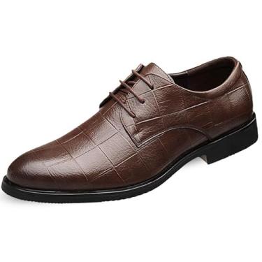 Imagem de Muyin Sapatos sociais masculinos Oxford de couro sintético xadrez com cadarço e bico redondo, salto bloco, sola de borracha antiderrapante durável para negócios(Brown,46 EU)
