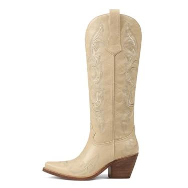 Imagem de Mattiventon Botas de caubói femininas Westen Cowgirl, altura do joelho, com bordado clássico, bico fino, salto grosso para festa de concerto, Bege, 36