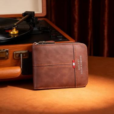 Imagem de Carteiras masculinas com zíper, carteira masculina vintage com zíper, estojo compacto de couro PU dobrável para cartão (vermelha)