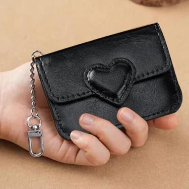 Imagem de Carteira feminina pequena em forma de coração de couro PU porta-cartões multicartões antimagnético para viagem, dinheiro, moedas, 10,3 x 7,6 cm, Preto