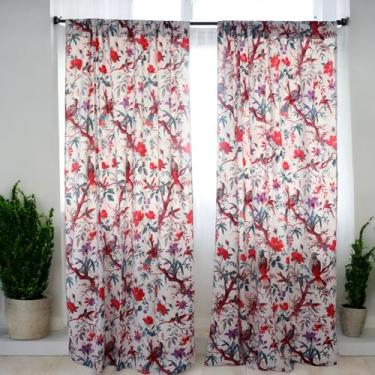 Imagem de Anati Decor Cortina de veludo de algodão - Design paraíso de pássaro impresso à mão, tratamento de janela artesanal para decoração de sala de estar, quarto e escritório (painel único) (branco, 84