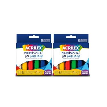 Imagem de 2 Kits Tinta Relevo Dimensional 3D Acrilex Brilliant 6 Cores Cada – Brilho Intenso para Artesanato, Madeira, Tecidos e Cerâmica