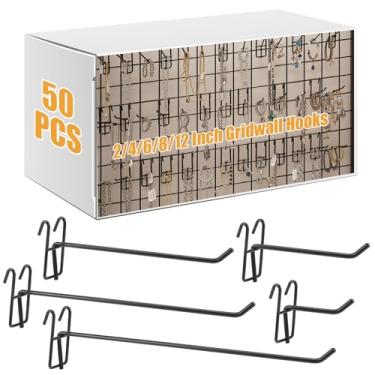 Imagem de Moxweyeni 50 ganchos de parede de grade de 2/4/6/8/12 polegadas, gancho de exibição de parede preto para painel de grade, organizadores de montagem de parede de garagem, ganchos de exibição de grade