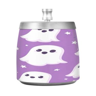 Imagem de Qilmy Cinzeiro de aço inoxidável com tampa com elementos fofos de desenho animado de Halloween - Cinzeiro de cigarro à prova de vento sem cheiro sem fumaça para casa, escritório, carro, pátio, varanda