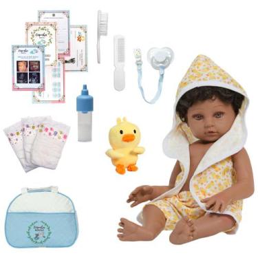 Imagem de Boneco Reborn Menino 46cm Negro Saída de Banho Patinho - Cegonha Rebor