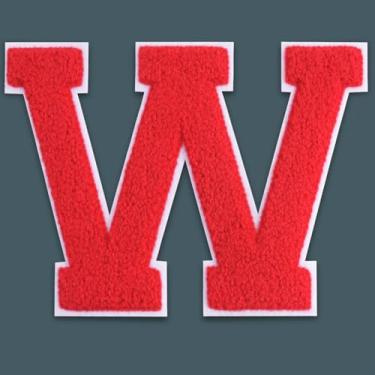 Imagem de QianSiLi Remendos de letras universitárias de chenille vermelho de 15 cm, letras grandes para jaquetas Letterman, moletons com capuz, mochilas, coletes, roupas, adesivos individuais de letra W