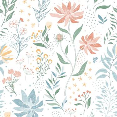 Imagem de WENMER Papel de parede floral, papel de parede floral boêmio, à prova d'água, papel de parede removível autoadesivo de flores silvestres moderno para sala de estar, quarto, banheiro, berçário