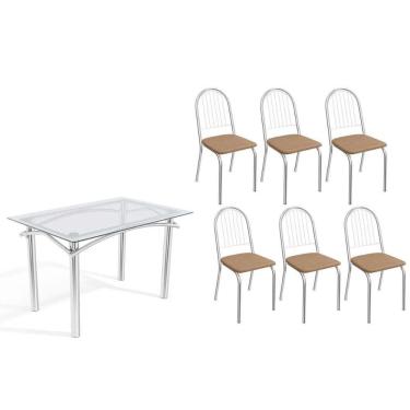 Imagem de Conjunto: Mesa Sala Jantar Elba C- Tampo De Vidro 120cm E 6 Cadeiras Noruega Cromada - Courano Capuccino - Kappesberg