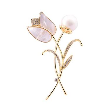 Imagem de KIZQYN Broche feminino requintado broche tulipa luz pérola concha broche flor xale botão casaco broche presente para mulheres acessório de fantasia