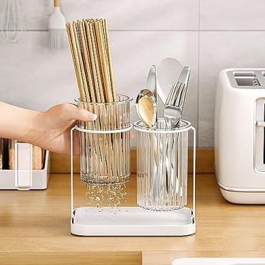 Imagem de Suporte de armazenamento de pauzinhos, 2 compartimentos divididos, caixa de armazenamento de pauzinhos, bancada, garfo, organizador de colher, pauzinho, caixa de drenagem