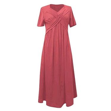 Imagem de UIFLQXX Vestido longo feminino plus size com decote em V, manga curta, cor sólida, vestido de verão de chiffon solto, Melancia vermelha, M