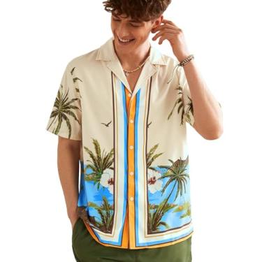 Imagem de Floerns Camisas de praia masculinas de verão com estampa tropical de botão e manga curta, Bege, GG