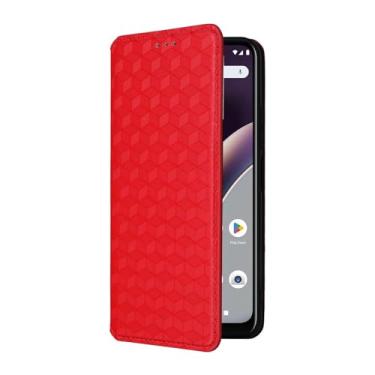 Imagem de Capa flip compatível com Moto G34 5G, design de carteira com compartimento para cartão. Padrões estereoscópicos. Capa flip sustentável - vermelha