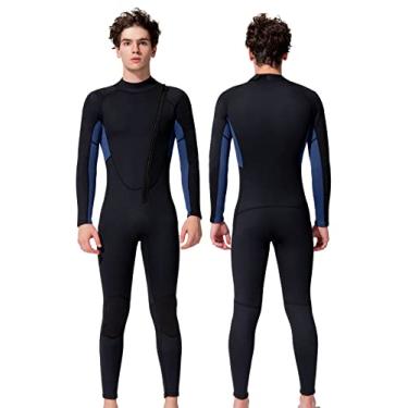 Imagem de REALON Roupa de mergulho masculina neoprene 3 mm plus size corpo inteiro mangas compridas zíper frontal maiô para mergulho, natação, surfe, adulto em água fria (3 mm azul-marinho, 4GG)