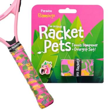 Imagem de Racket Pets Amortecedor de raquete de tênis infantil e fita overgrip combinando, amortecedor de absorção de choque para raquete de tênis e fita adesiva divertida com estampa animal (flamingo)