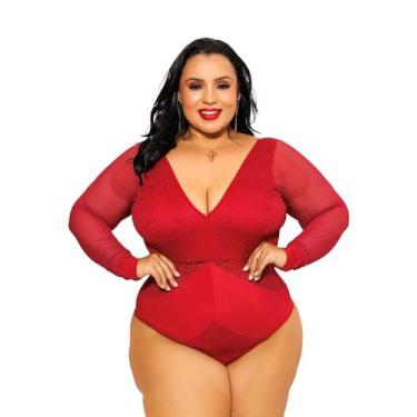 Imagem de Body Feminino Plus Size-manga Longo Em Tule-detalhe Dourado - Ousadia 