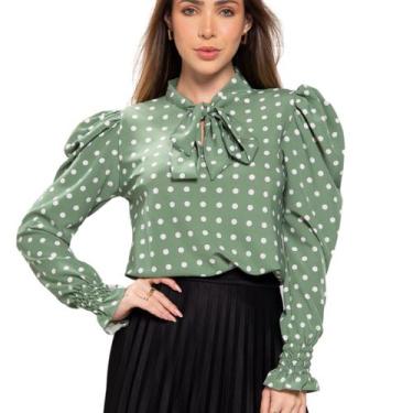 Imagem de Camisa Blusa Feminina Manga Longa Bufante Com Gola Laço Poa - Look Mod