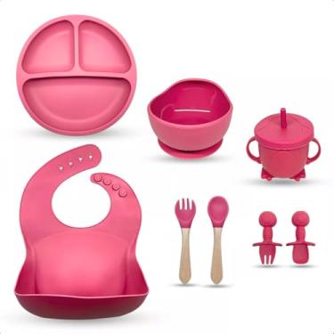 Imagem de Kit Introdução Alimentar Para Bebe 8 Peças Silicone Seguro Sem Pontas Colher, garfo, copinho, pote e pratinho Criança (Rosa Chiclete)