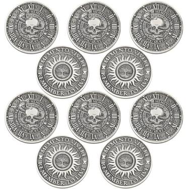 Imagem de Misdary 10 peças Moeda Memento Mori Memento Vivere Lembrete Token Metal Crânio Desafio Moeda Medalhão Estoicismo Presente Desafio Estoico Lembrete Pingente para Prática Diária Estoico (Estilo Prata)