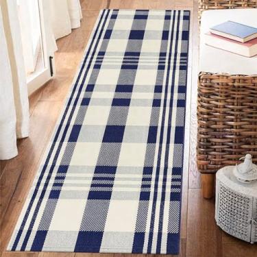 Imagem de AOCZES Corredor xadrez Buffalo – Marinho e Off White 2x6 algodão tecido fazenda xadrez tapete lavável para entrada, cozinha, lavanderia, quarto, sala de estar