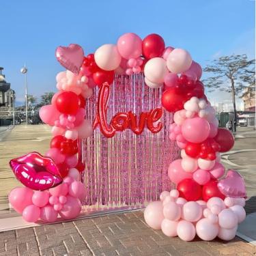 Imagem de Galentines Day Balloon Garland Arch Kit Red Hot Pink and Macaron Pink Balloons with Heart Lip Balloons Curtains Backdrop for Girls Valentine's Day Galentines Day Party Anniversary Party Decoration