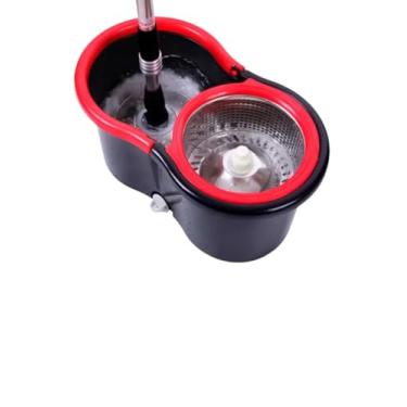 Imagem de Mop Giratório Premium com Balde 14L, Cabo em Inox, Sistema 360°, Cesto Inox, Preto e Vermelho