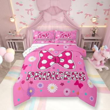Imagem de Conjunto de edredom infantil com laço rosa, tamanho Queen, margarida, gravata borboleta, princesa, decoração de quarto de meninas e mulheres, edredom geométrico, ponto de estrela, patchwork romântico,
