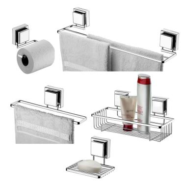 Imagem de Kit Banheiro 5 Peças Toalheiro Porta Shampoo Saboneteira Suporte Papel Higiênico Ventosa Cromado - Future