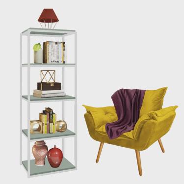 Imagem de Kit Poltrona Fatte com Manta Soft Bordô e Estante Livreiro Ferro Branco mdf Verde Oliva Suede Amarelo - Ahazzo Móveis
