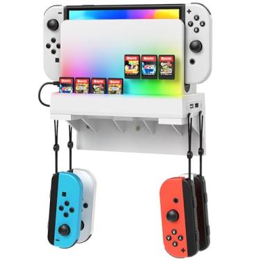 Imagem de YUANHOT Suporte De Parede Para Nintendo Switch E Oled, Prateleira Console Jogos Com Luz, Estação Carregamento, 7 Compartimentos Cartões Jogo, Kit Acessórios 4 Controles Armazenamento Joy-Con