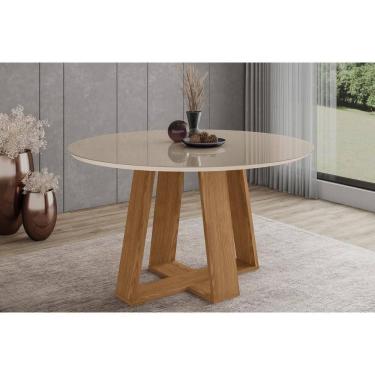 Imagem de Mesa de Sala Jantar Lins SC130 c/ Tampo Madeirado c/ Vidro Redondo 140x140cm Nature/Off White - Henn