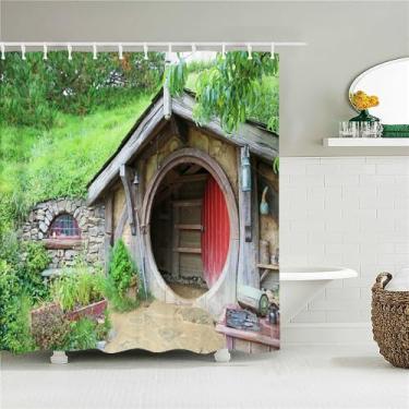 Imagem de Linda Floresta Natural Pequena Casa Paisagem Cortina de Chuveiro Estampa Tecido Impermeável Cortinas de Banheiro Tela de Banho com Gancho,sy8344,W300xH180cm