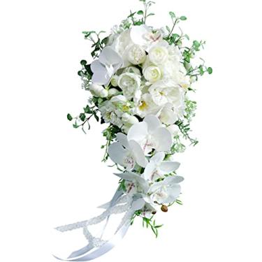 Imagem de S_SSOY Buquê de flores artificiais para noiva, cachoeira, buquês de casamento para cerimônia, aniversário, chá de panela, decoração de casamento (Phalaenopsis branco)