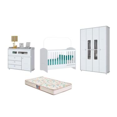 Imagem de Berço Bala de Menta, Cômoda Aquarela e Guarda Roupa Aquarela Branco e Colchão - FdECOR