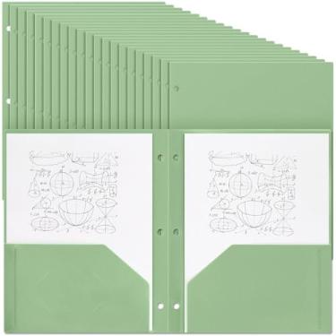 Imagem de Yeaqee 100 pastas de plástico com bolsos a granel 3 furos perfurados 2 pastas de arquivo para 3 pastas divisórias de fichário para cadernos, poliéster durável para escritório, casa (verde sálvia)