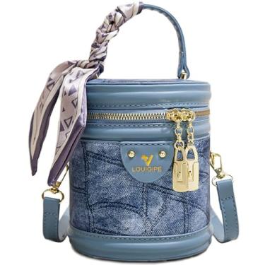 Imagem de RTGGSEL Bolsa estilo concha retrô de lona colorida contrastante para mulheres, bolsa tiracolo tiracolo com zíper, Jeans azul