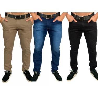 Imagem de Kit 3 calça jeans masculina slim com lycra caqui em sarja Skinny - Emp