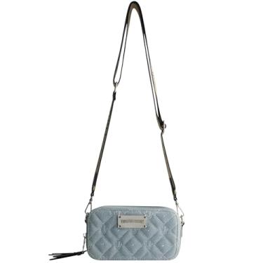 Imagem de True Religion Bolsa tiracolo feminina, mini bolsa de ombro ajustável para câmera com design cravejado, jeans