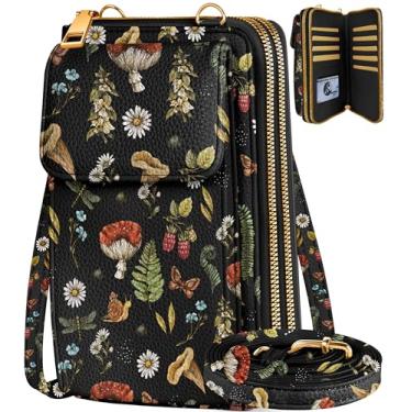 Imagem de Miss Adola Bolsa de telefone feminina – Lindas bolsas transversais, carteira para celular com alça ajustável, zíper e compartimentos para cartão, Cogumelo preto